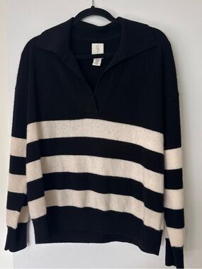 Joie Black and Cream Striped V‑Neck Collared Pullover